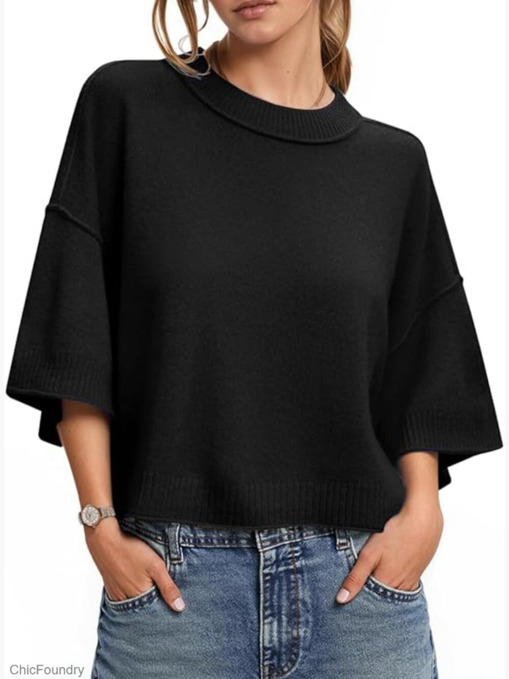 Lightweight 3/4 Sleeve Pullover Sweater Loose Fit Crewneck Knit Top
